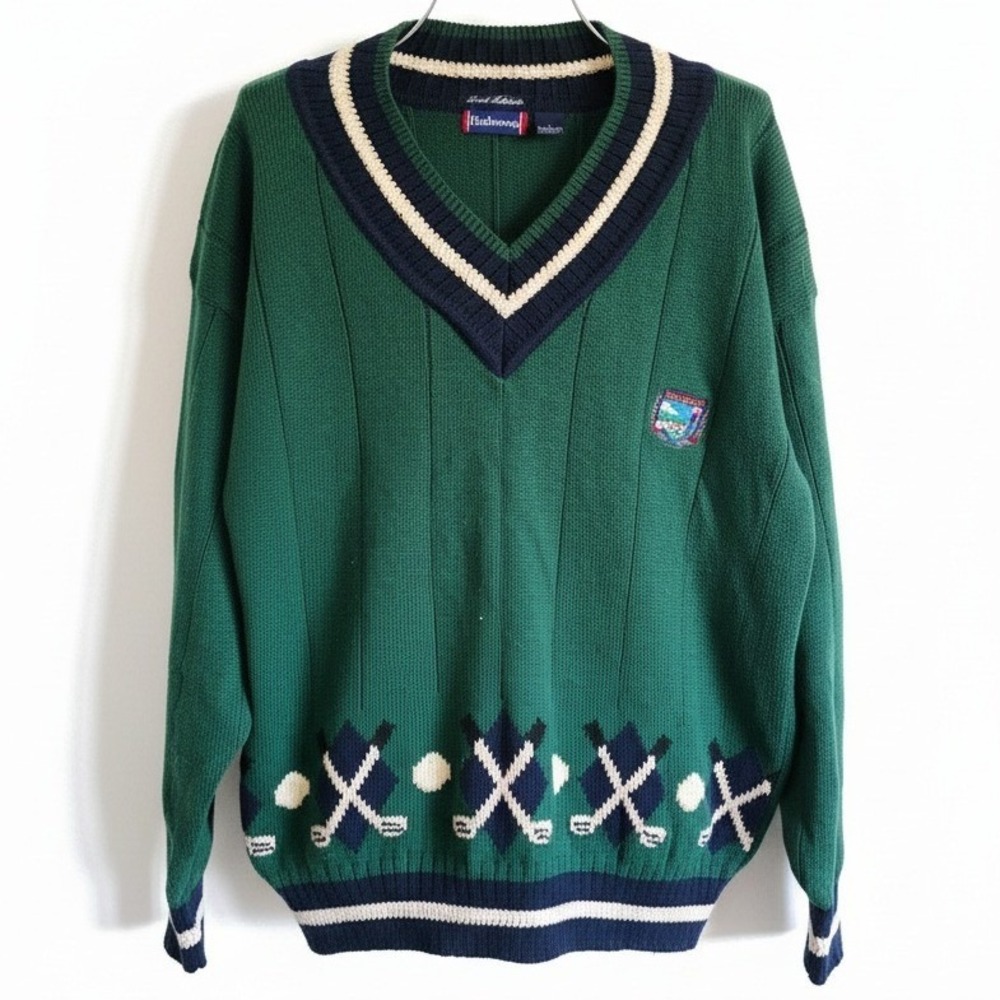 Vintage Hathaway L Mens Intarsia Hand Knit‎ Y2K Green Golf Sweater V Neck